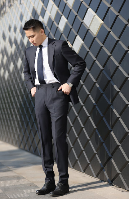 Imported 100% Wool Subtle Pattern Navy Blue Slim-fit Casual Men‘s Business Suits