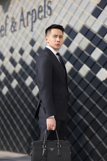 100% Wool Navy Suit Set with Subtle Pattern – Business Casual Handmade Suit 1006